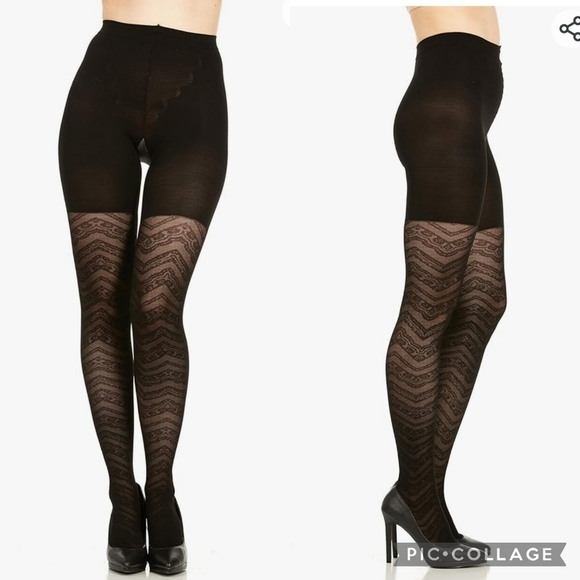 NWT Spanx Assets Textured Lace Zig Zag Tights Shapewear Black 4 - Picture 1 of 4
